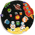 Circular jigsaw puzzle with colorful planets, a red rocket, and two astronauts on a moon against a starry black background.