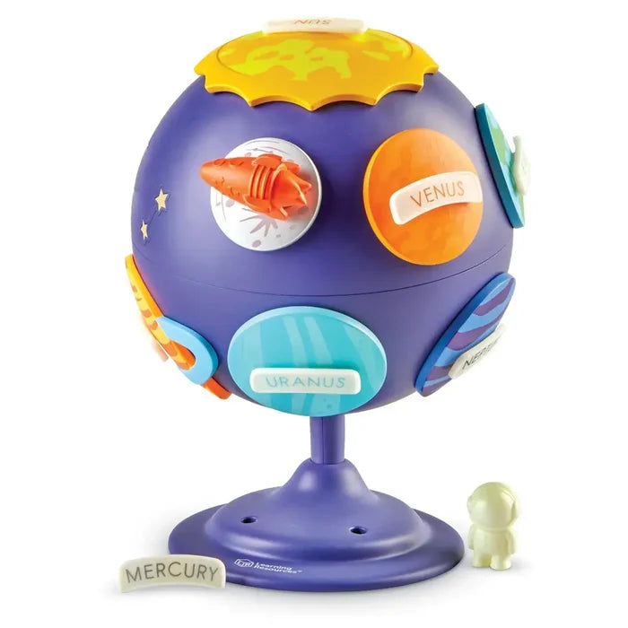 Purple globe with colorful planet pieces, name labels, an orange rocket, and a small astronaut figure on a stand.