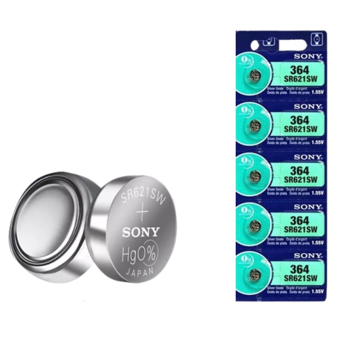 Sony 364 SR621SW watch batteries in a 5-pack, compact and reliable power source for wristwatches.