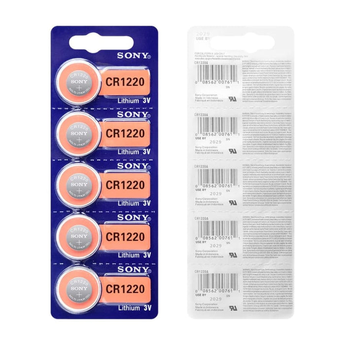 Sony CR1220 watch batteries in a 5-pack, close-up of compact lithium coin cell batteries for watches.