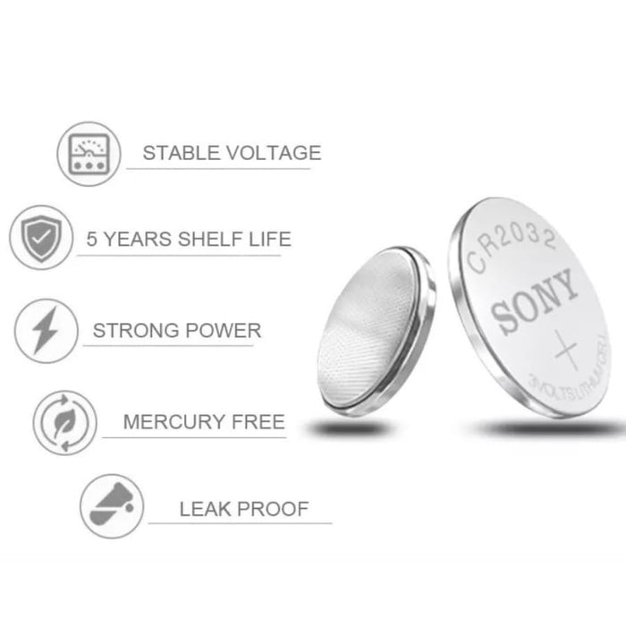 Sony CR2032 watch batteries 5-pack, compact and reliable lithium batteries for watches and small electronic devices.