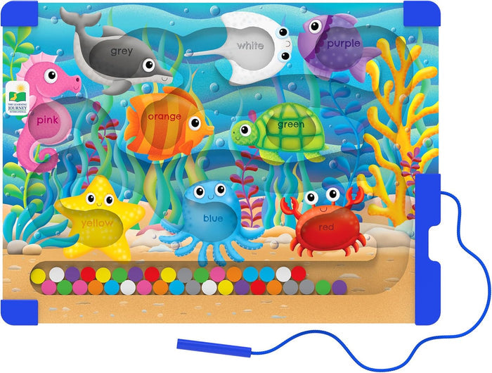 Ocean-themed magnetic sorting board with colorful sea animals and matching balls moved by an attached blue stylus.