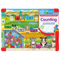 Colorful farm magnetic puzzle with a red frame, numbered buckets, animals, and numbered balls to sort and count.