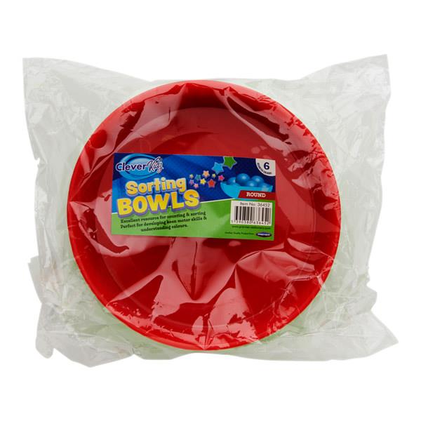 Stack of round plastic sorting bowls in clear packaging, featuring a red bowl on top and a product label.