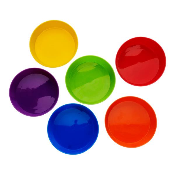Six round plastic bowls in yellow, green, red, purple, blue, and orange against a white background.