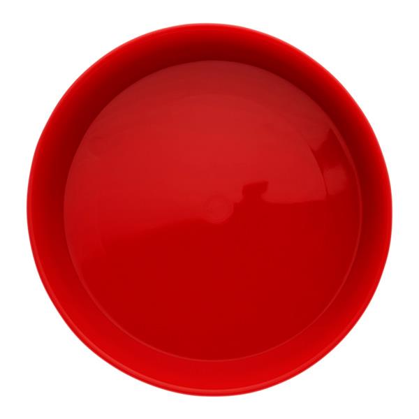 Top-down view of a bright red, round plastic bowl with a smooth surface and shallow rim.