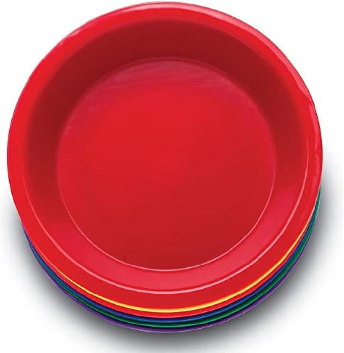 Top-down view of six stacked round plastic bowls in vibrant red, yellow, blue, green, and purple.
