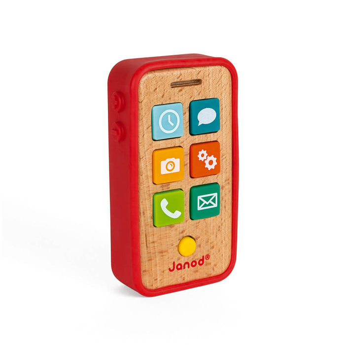 Wooden toy cell phone with red bumper, wood grain face, and seven colorful icons on a white background.