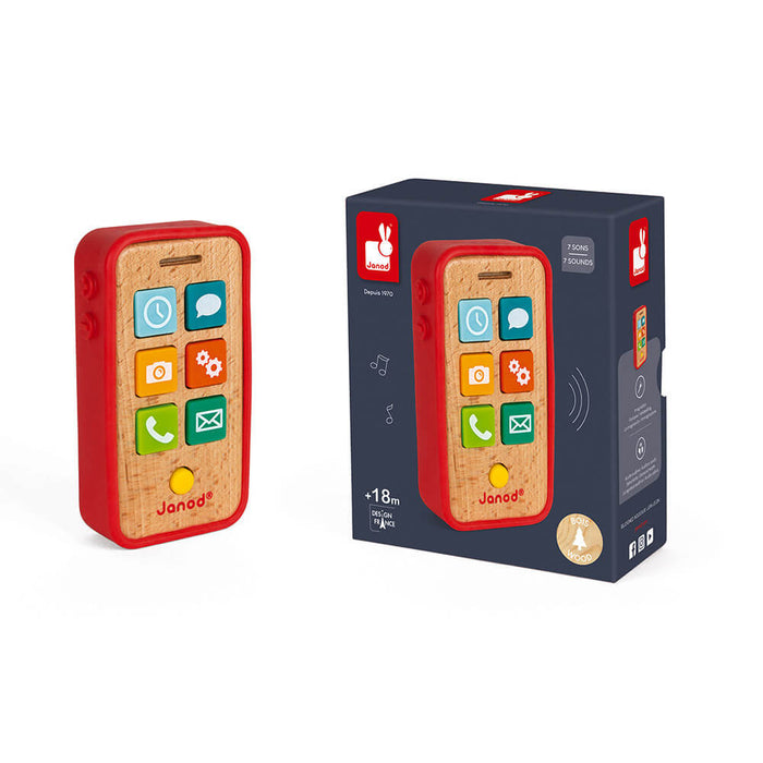 Red wooden toy phone with colorful icon buttons next to its blue retail packaging box.