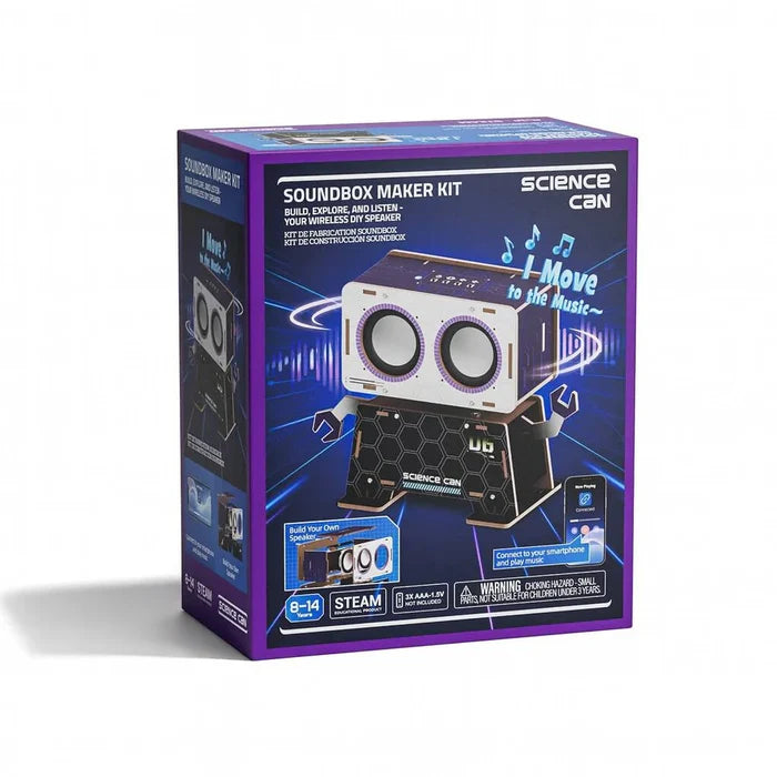 Purple box for a DIY robot speaker kit featuring a bot with two large circular speaker eyes and neon blue accents.