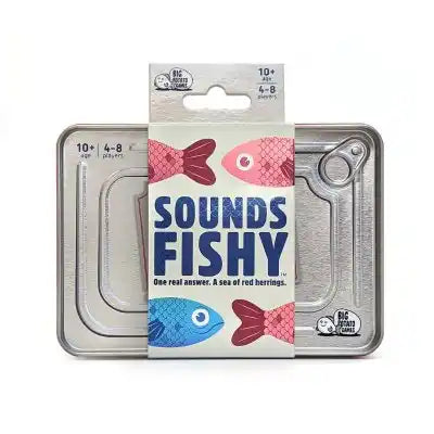 Silver sardine-style tin with a white sleeve featuring bold blue text and colorful pink and blue fish illustrations.