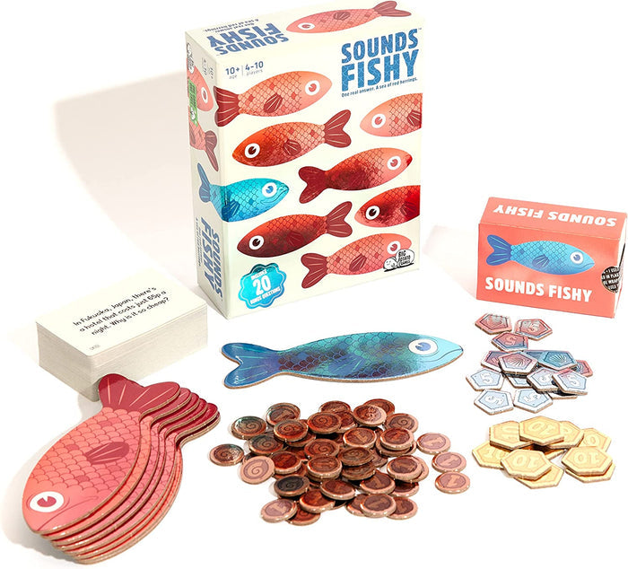 White and red game boxes with fish graphics, fish-shaped cards, trivia deck, and round and hexagonal point tokens.