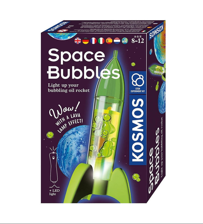 Purple toy box showing a glowing green rocket-shaped lava lamp with bubbling oil effects and an LED light base.