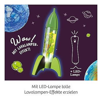 Green rocket ship toy with a glowing lava lamp bubble effect against a purple space background with stars.