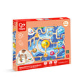 Orange box featuring a wooden space maze with numbered planets and a reverse-side colorful tangram puzzle board.