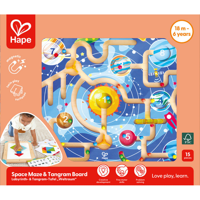Space-themed wooden magnetic maze on orange packaging with an inset photo of a child playing with tangrams.