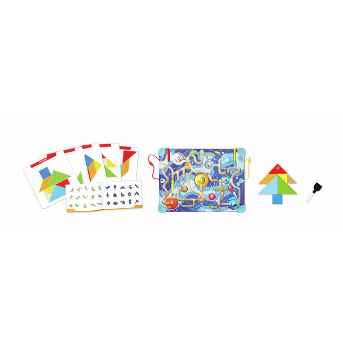 Space-themed magnetic maze board with a stylus and colorful tangram puzzle cards and shapes against a white background.