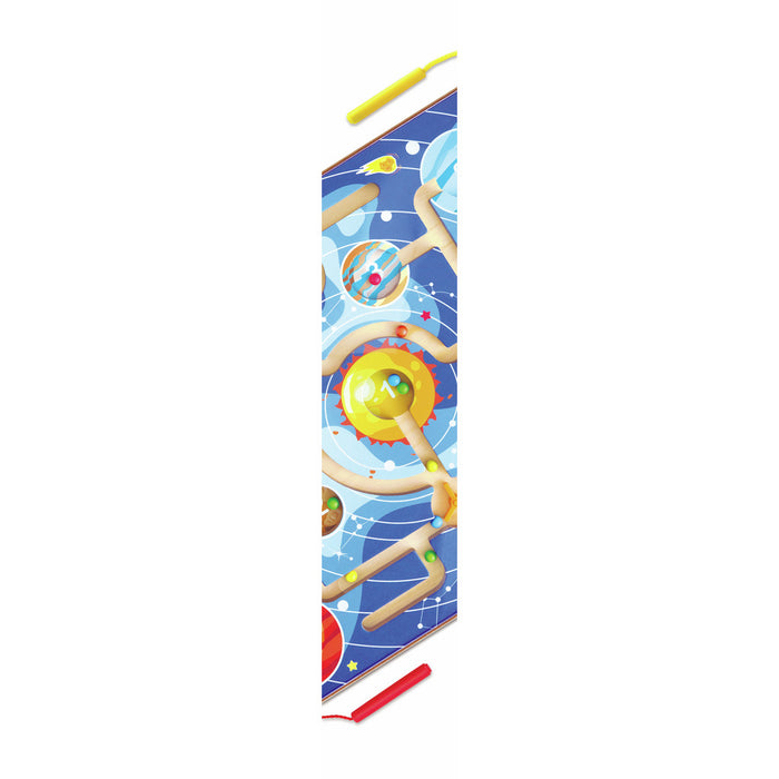 Wooden magnetic maze with a space theme, featuring colorful planets, stars, and small balls guided by magnetic wands.