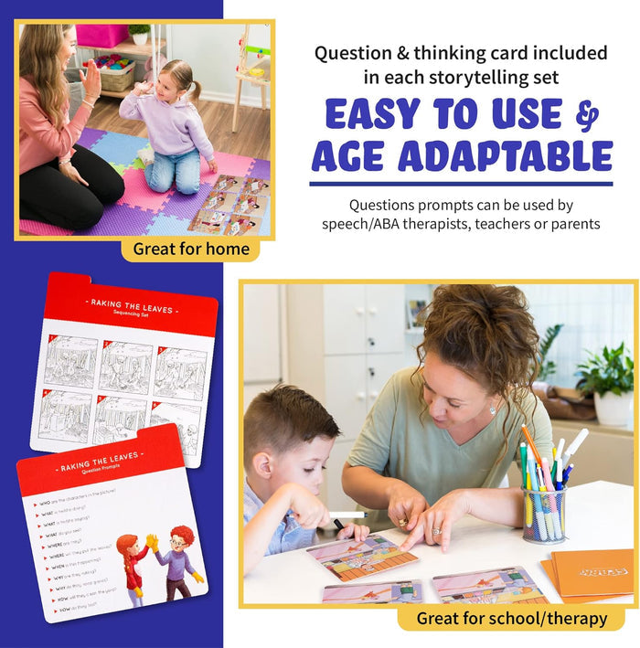 Children and adults using story sequencing cards and red question prompt sheets in home and therapy settings.
