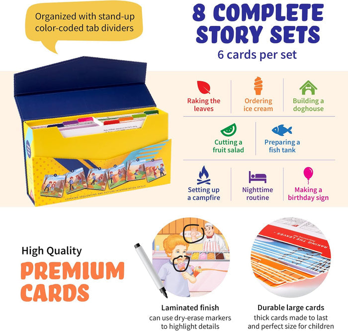 Yellow box holding 8 story sequencing card sets with color-coded tabs and dry-erase markers on laminated cards.