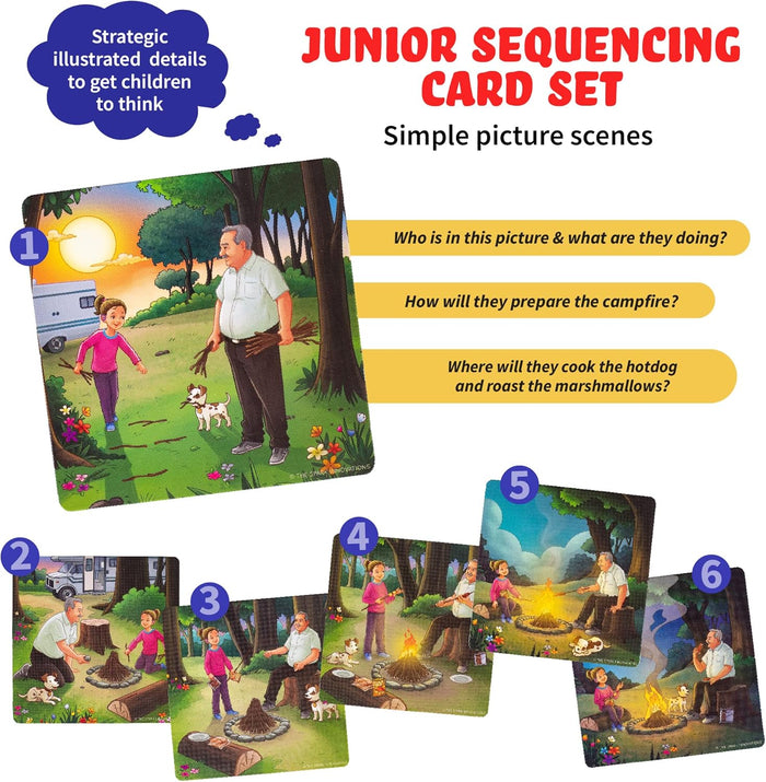 Six numbered cards show a story sequence of a girl and man building a campfire and roasting food in the woods.