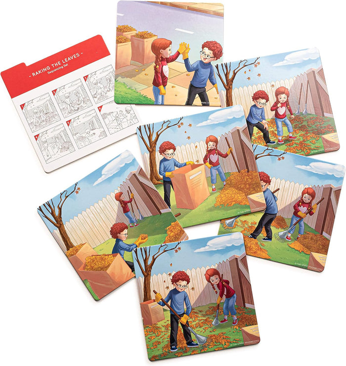 Six colorful square cards and a guide showing a boy and girl raking autumn leaves into boxes on a white background.