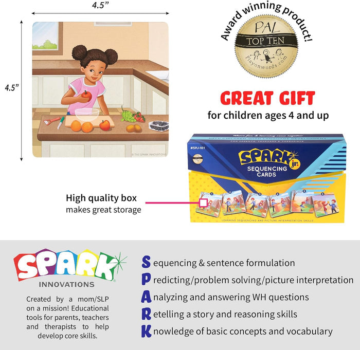 Yellow and blue Spark Jr box with 4.5-inch square illustrations of a girl in a kitchen and daily life sequences.