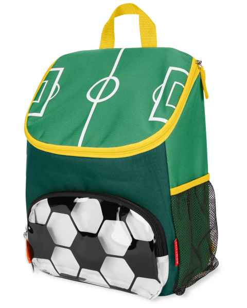 Green backpack with soccer field graphics, yellow trim, and a clear front pocket with a soccer ball pattern.