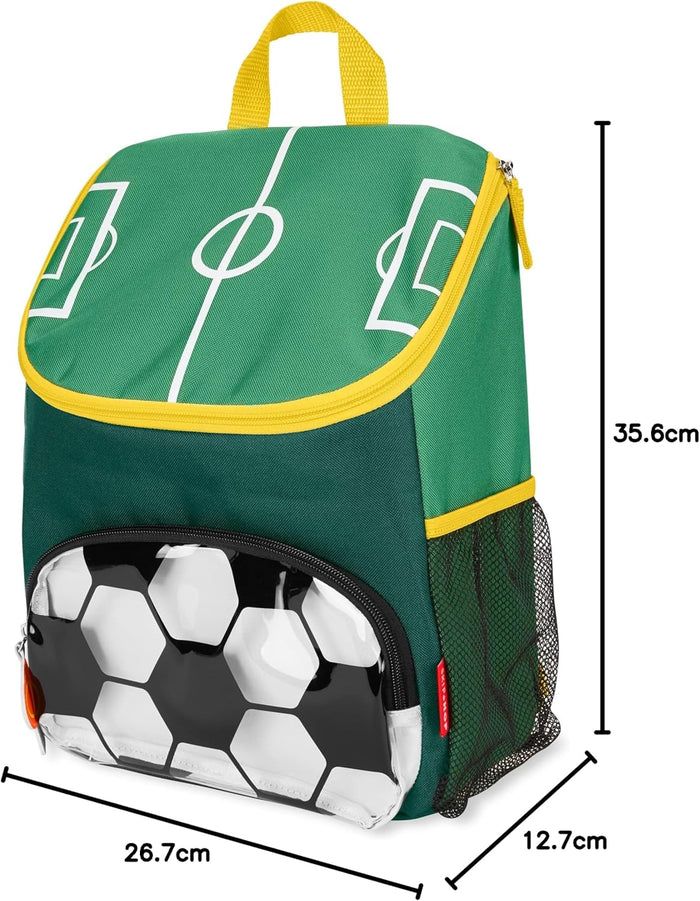 Green backpack with yellow trim, soccer field top flap, and black and white soccer ball print front pocket.