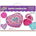 Pink heart-shaped jewellery box decorated with colourful gems on purple Galt packaging with a white carry handle.