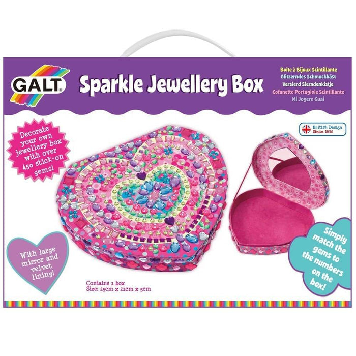 Pink heart-shaped jewellery box decorated with colourful gems on purple Galt packaging with a white carry handle.