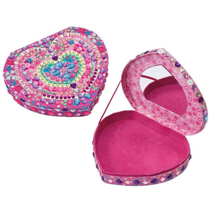 Pink heart-shaped jewelry box with colorful gems, shown closed and open with a heart mirror and pink velvet interior.