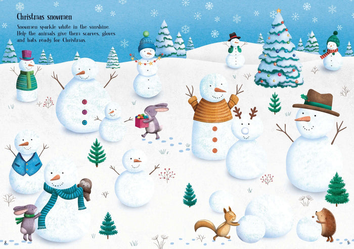 Colorful illustration of snowmen and forest animals in a snowy landscape with a decorated Christmas tree.