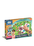 Box for a gem art kit showing a green tray of colorful gemstones used to decorate pug and guitar stickers.