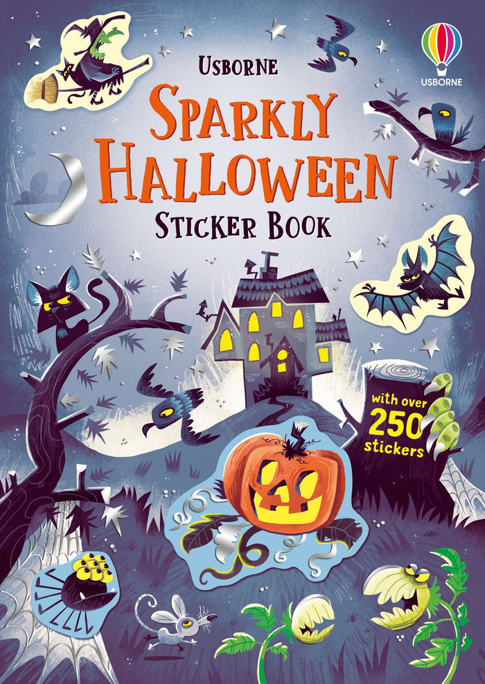 Purple book cover featuring a haunted house, pumpkin, and spooky characters under a starry sky with silver accents.