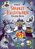 Purple book cover featuring a haunted house, pumpkin, and spooky characters under a starry sky with silver accents.