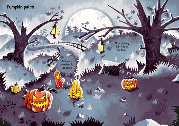 Open sticker book page featuring a moonlit pumpkin patch with bare trees, lanterns, and glowing jack-o'-lanterns.