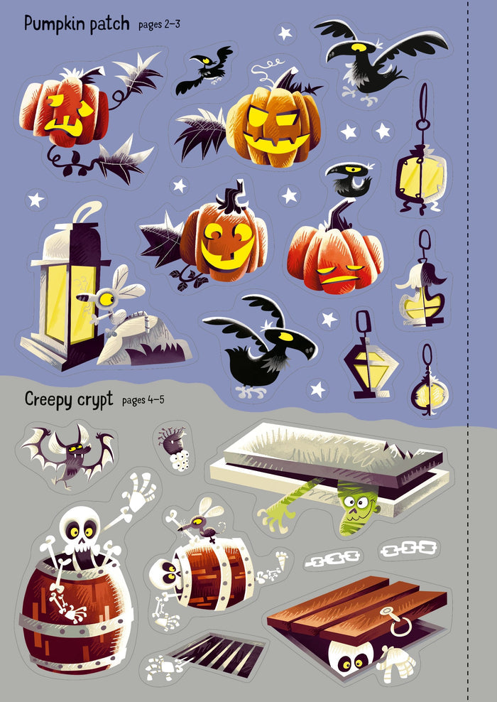 Sheet of Halloween stickers with jack-o'-lanterns, crows, skeletons, and a mummy on purple and grey backgrounds.