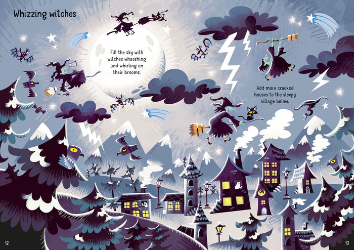 Sticker book page of witches flying on brooms over a snowy village with a full moon, lightning, and purple clouds.