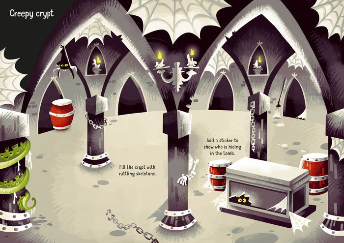 Cartoon spooky crypt with cobwebs, arches, a tomb with peeking eyes, and a skeletal hand behind a pillar.