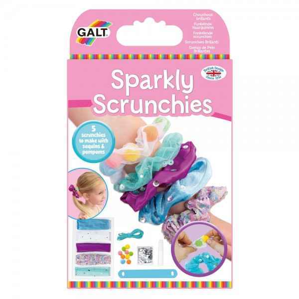 Pink Galt Sparkly Scrunchies box showing five colorful, sequined hair ties on an arm and the DIY kit materials below.