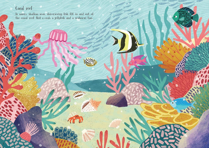 Vibrant coral reef illustration featuring a pink jellyfish, tropical fish, seashells, and a red crab on a sandy seabed.