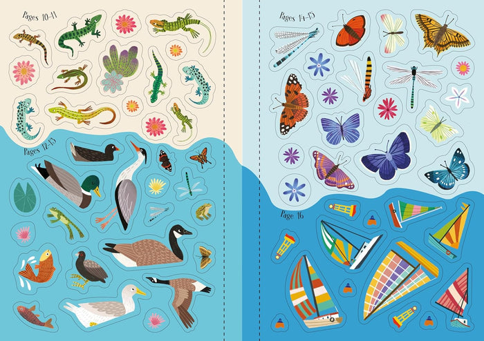 Illustrated stickers of lizards, water birds, butterflies, dragonflies, and sailboats in bright summer colors.