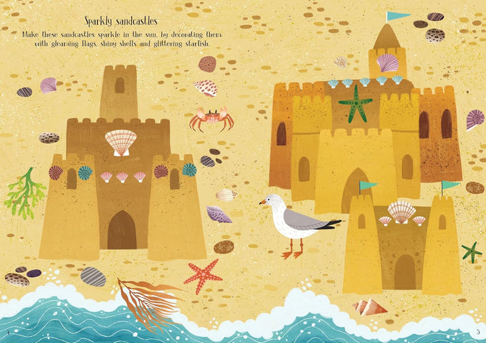 Illustration of golden sandcastles on a beach with shells, a starfish, a seagull, and blue ocean waves.