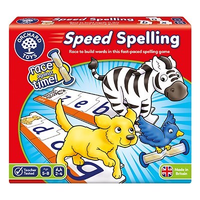 Red box for Speed Spelling game featuring cartoon zebra, dog, and bird, with sand timers and letter tiles. Age 5-8.