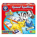 Red box for Speed Spelling game featuring cartoon zebra, dog, and bird, with sand timers and letter tiles. Age 5-8.