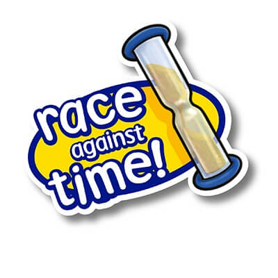 Logo sticker with blue Race Against Time text on a yellow oval background next to an illustrated hourglass.