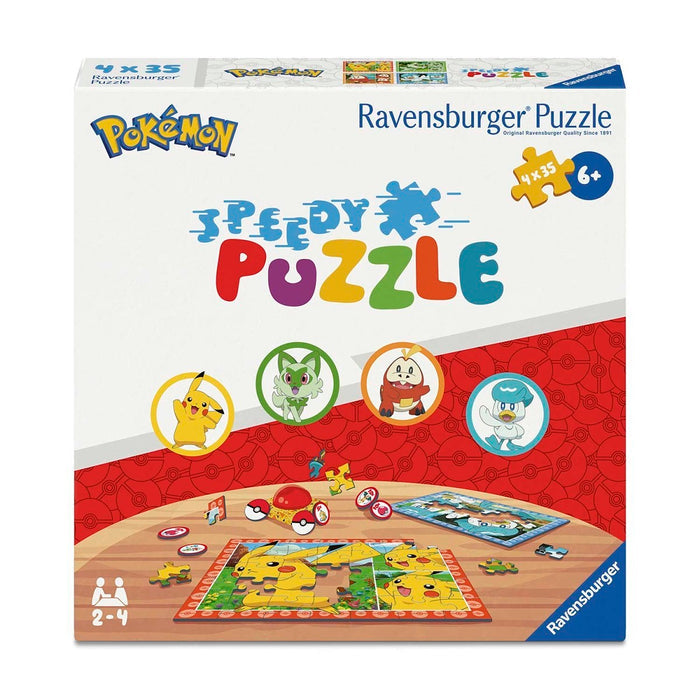Ravensburger Pokémon puzzle box featuring Pikachu and starters, with four 35-piece puzzles and colorful game pieces.