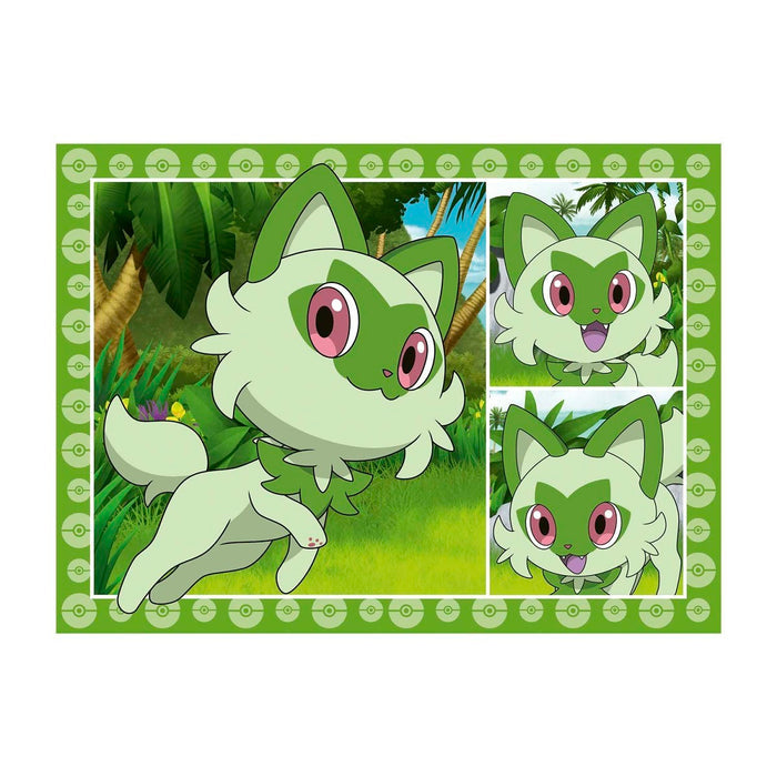Pokémon puzzle featuring Sprigatito the green cat in three jungle scenes with a green Pokéball border.