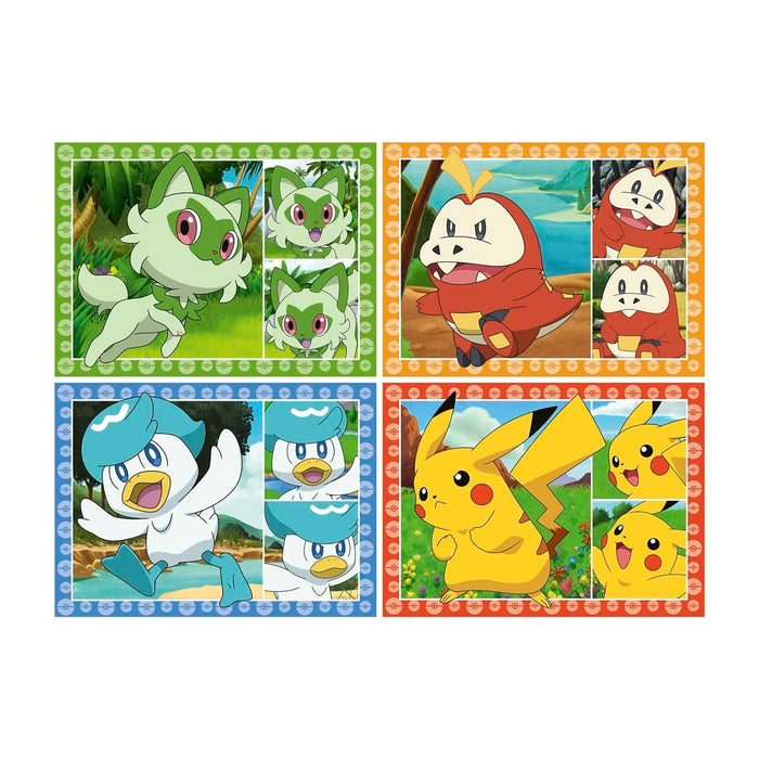 Four quadrants showing Sprigatito, Fuecoco, Quaxly, and Pikachu with matching green, orange, blue, and red borders.